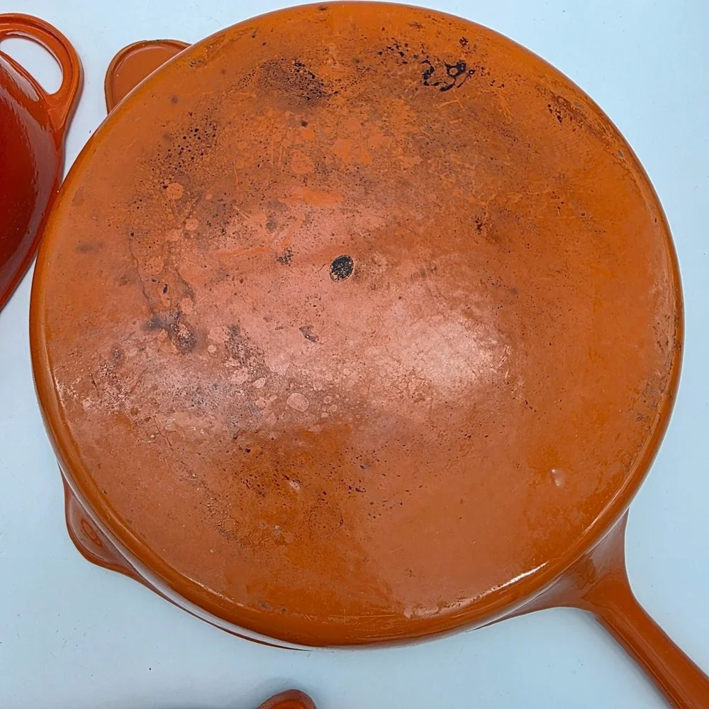 Vintage Unbranded #16 Pan, skillet, Casserole Flame Orange Enamel Cast Iron 70s?